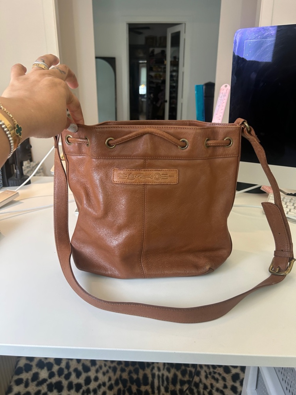 Fossil Cognac Leather Drawstring Crossbody Shoulder Bag